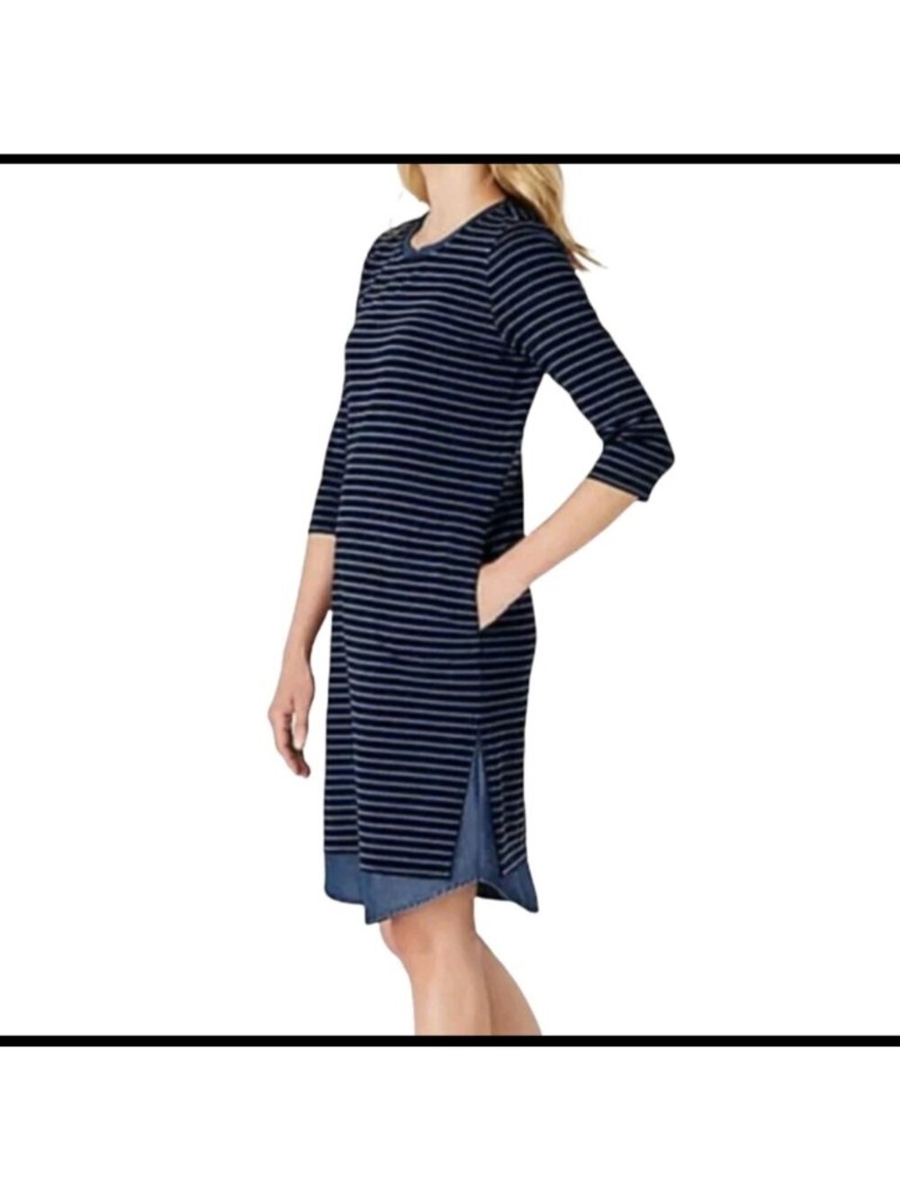 NWT J Jill Navy Blue Striped Knit Chambray Hem Shift 3/4 Sleeve Dress Size S